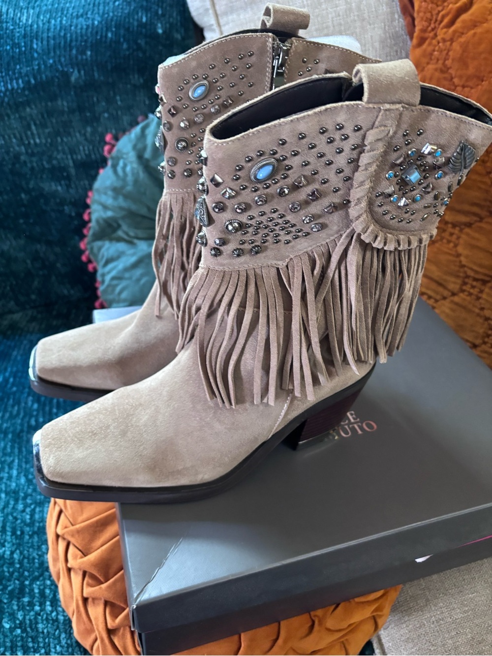 Vince Camuto Taupe Suede Fringe & Stud Western Booties